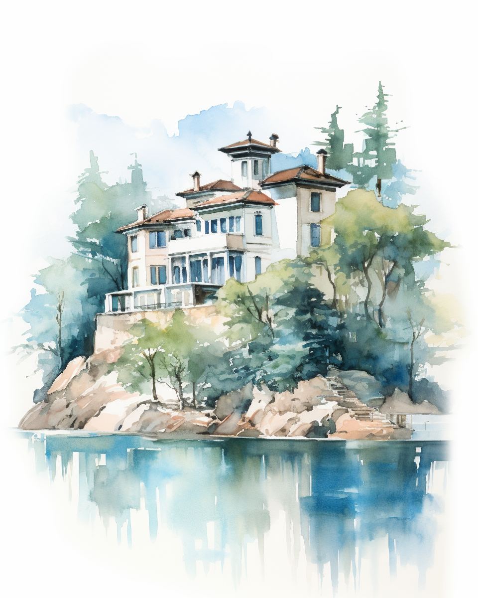 Watercolor sketch of Italian mansion near Lake Como