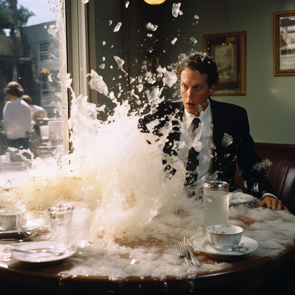 Middle-aged man in an Italian restaurant with exploding milk