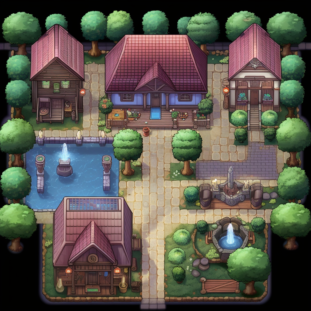 Vibrant tileset of an Italian RPG Pokemon village