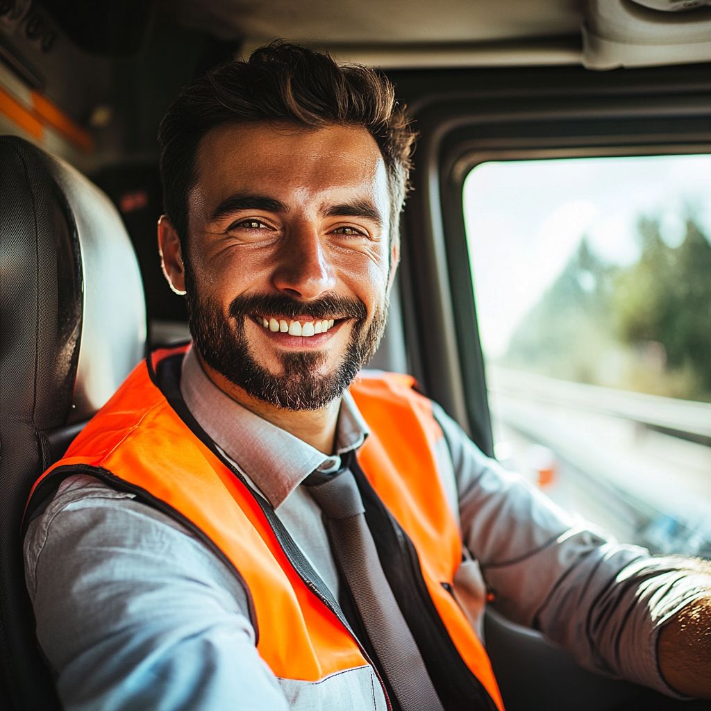 Italian truck drivers smiling highway