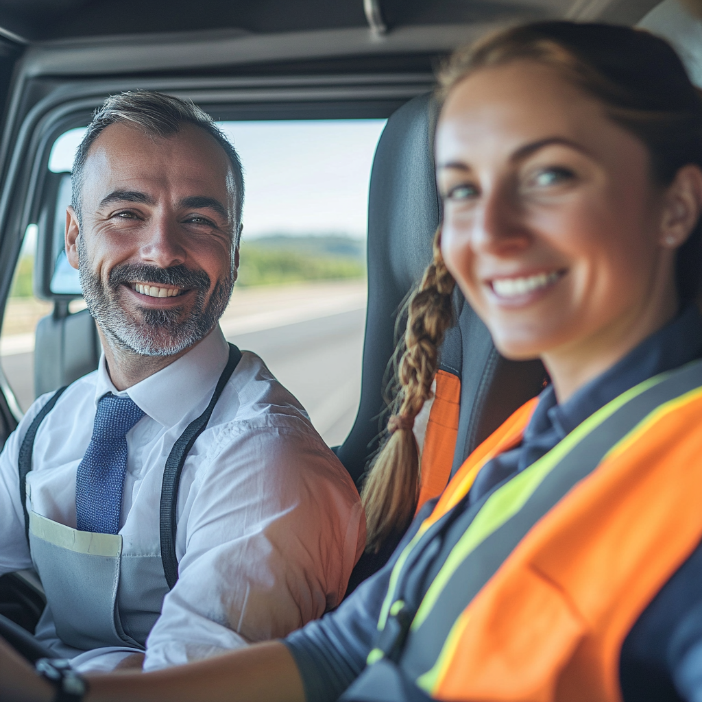 Italian truck drivers smiling highway