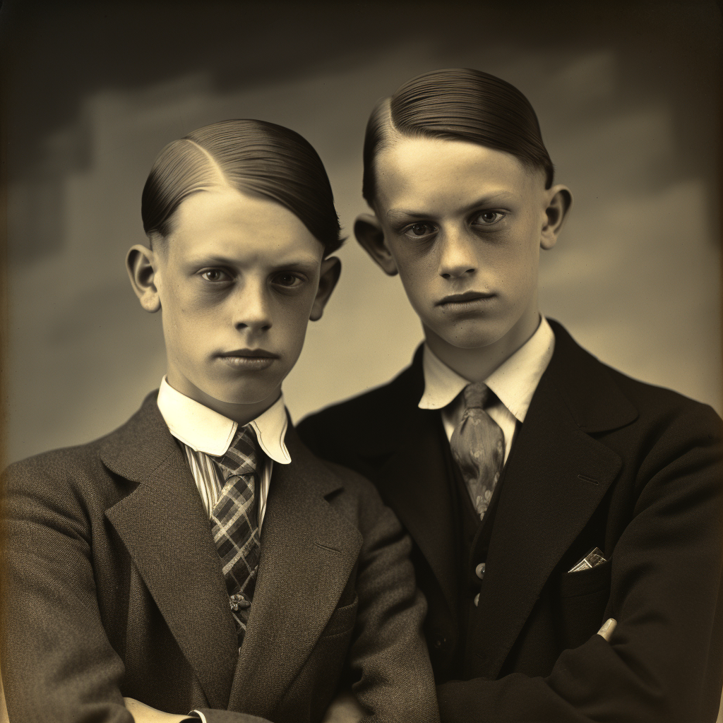 Iver and Jake, grammar school-age brothers in a studio photograph