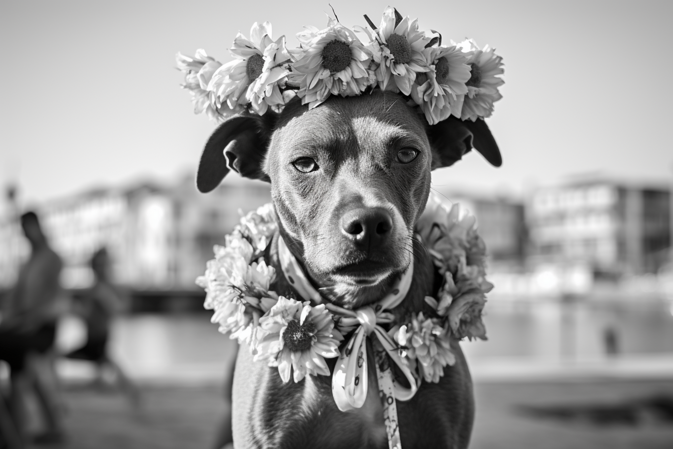 Dog selling flowers at Izmir Foca beach