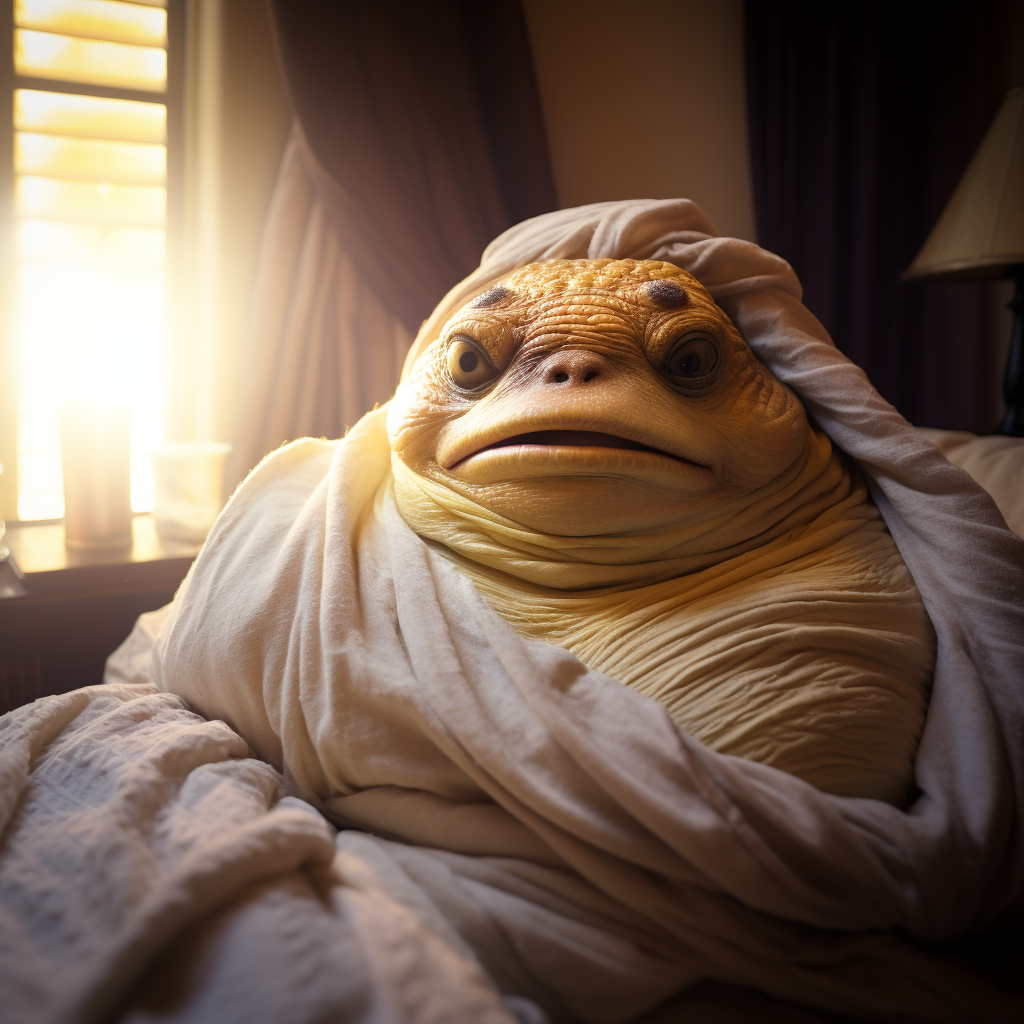 Jabba the Hutt capturing a cozy bedroom selfie