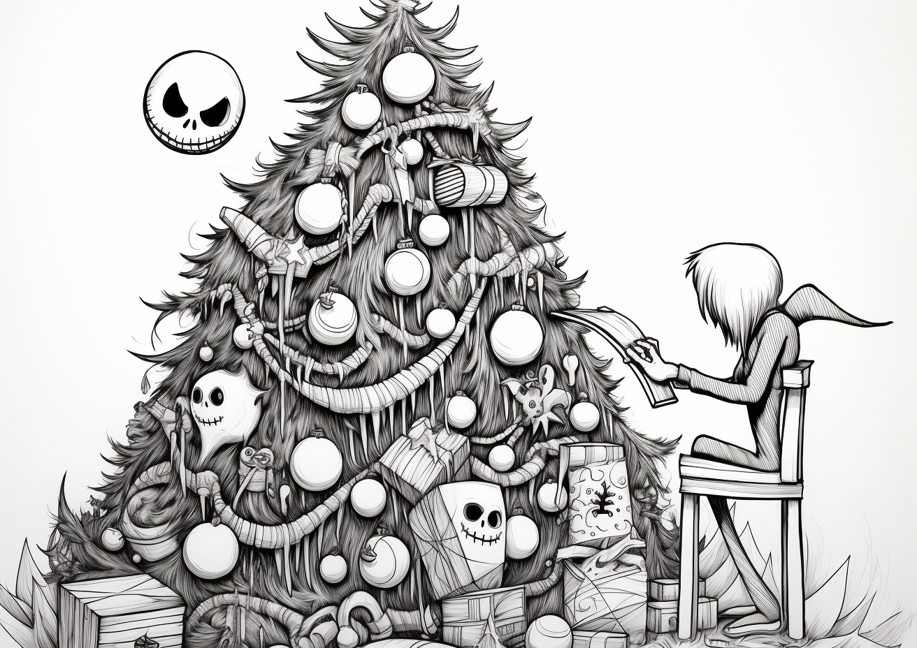 Jack Skellington decorating Christmas tree coloring page