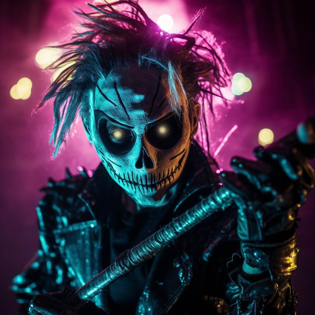 A punk in Jack Skellington mask with a knife at Halloween punk rock party