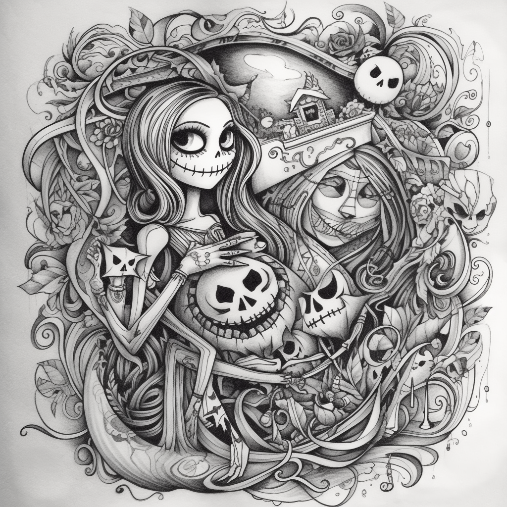 Black and white Jack Skellington and Sally tattoo