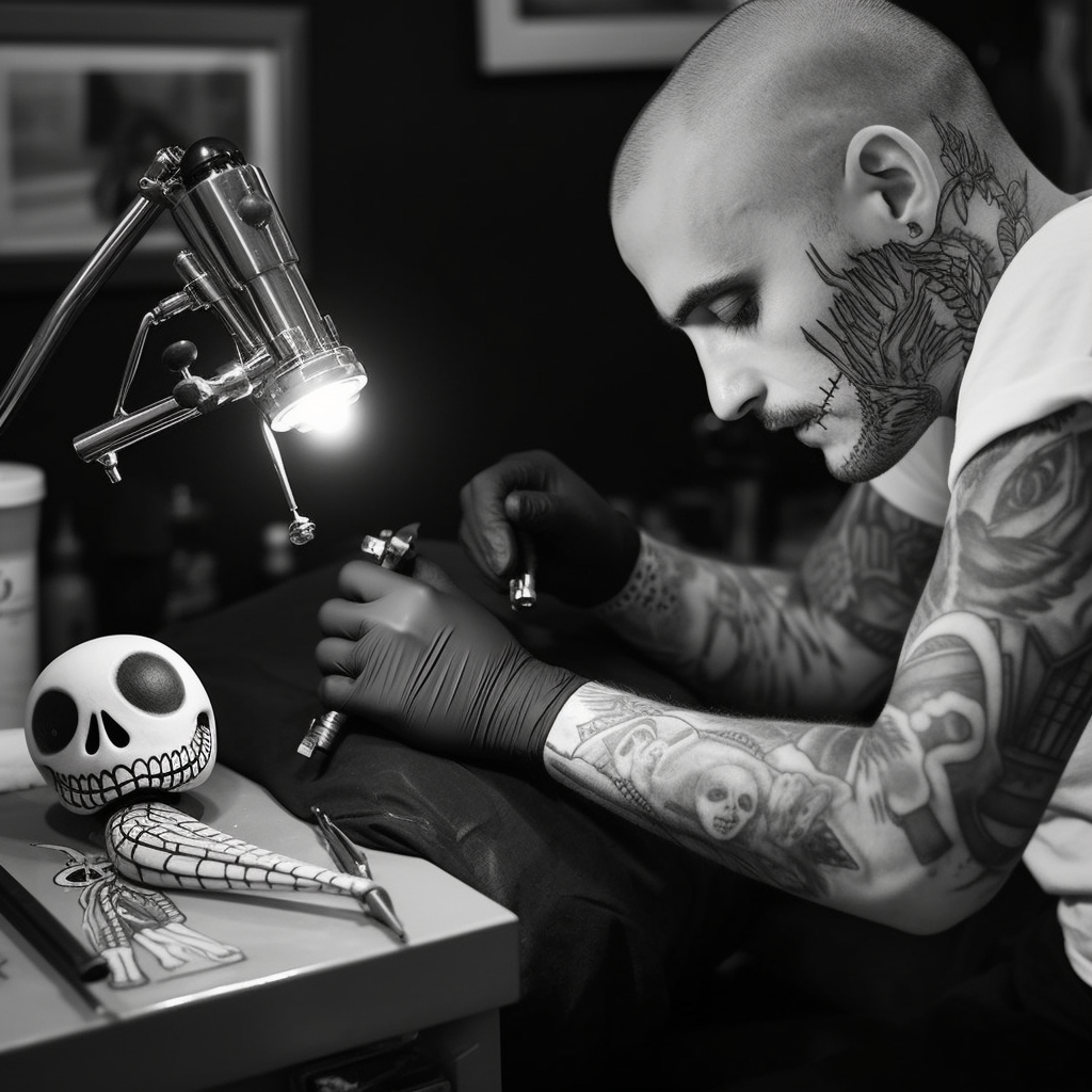 Jack Skellington tattooing Sally's arm in black and white