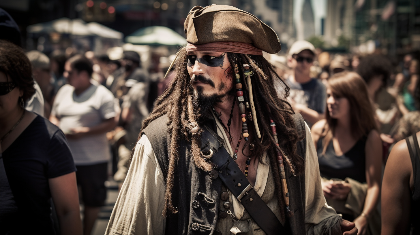 Captain Jack Sparrow navigating bustling city