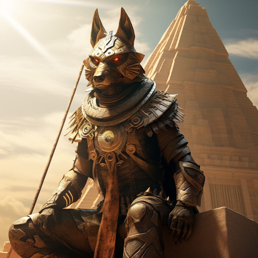 Majestic jackal warrior guarding pyramid