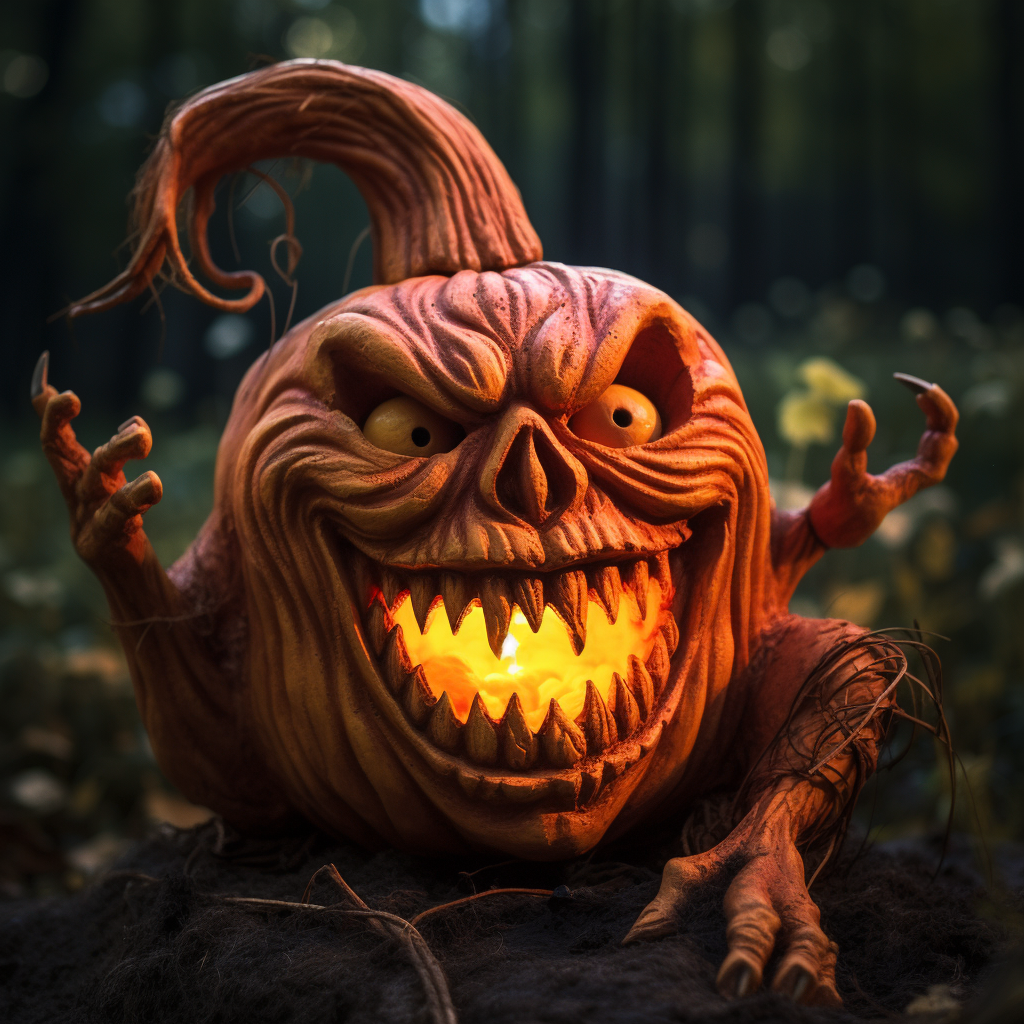 Spooky jack-o-latern demon laughing at photographer