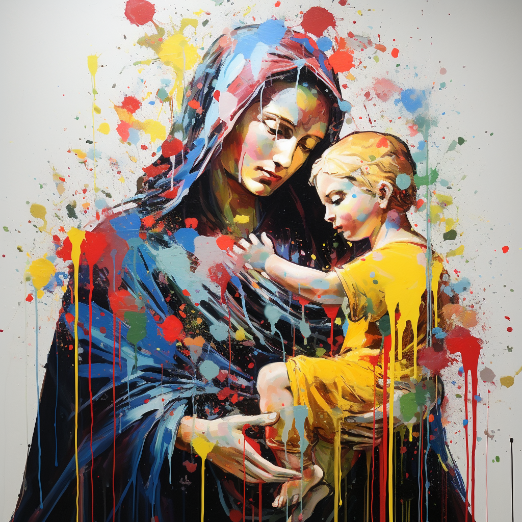 Abstract artwork of Madonna and Child in drip style