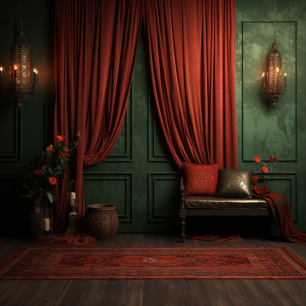 Dark, Moody Room with Rug, Red Curtains, Boho Design ?