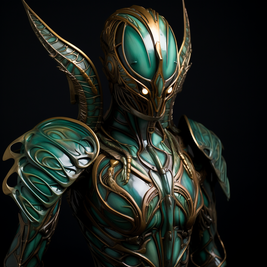 Jade insectoid humanoid armor on mannequin