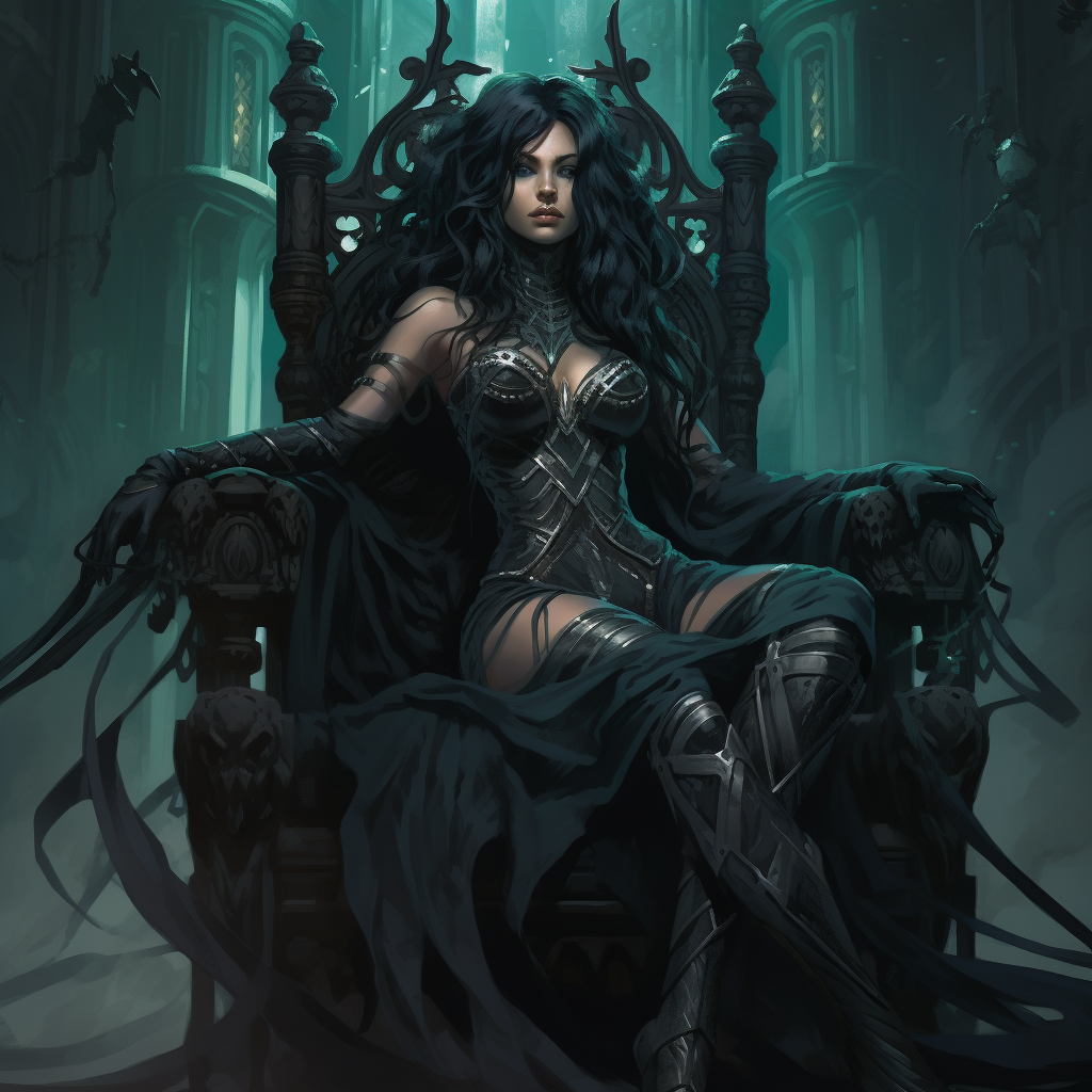 Jade Victorious goth goddess in dark throne room (6 words)