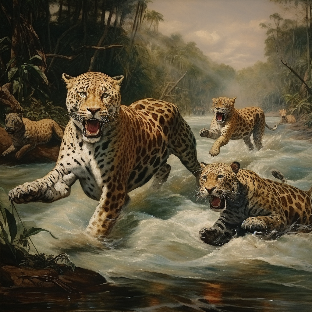 Jaguar hunting monkeys in river