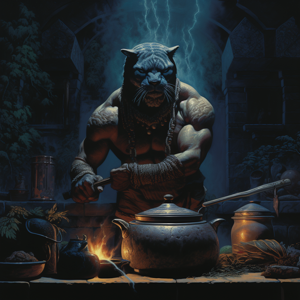 Strong Jaguar Warrior Cooking in Dark Fantasy