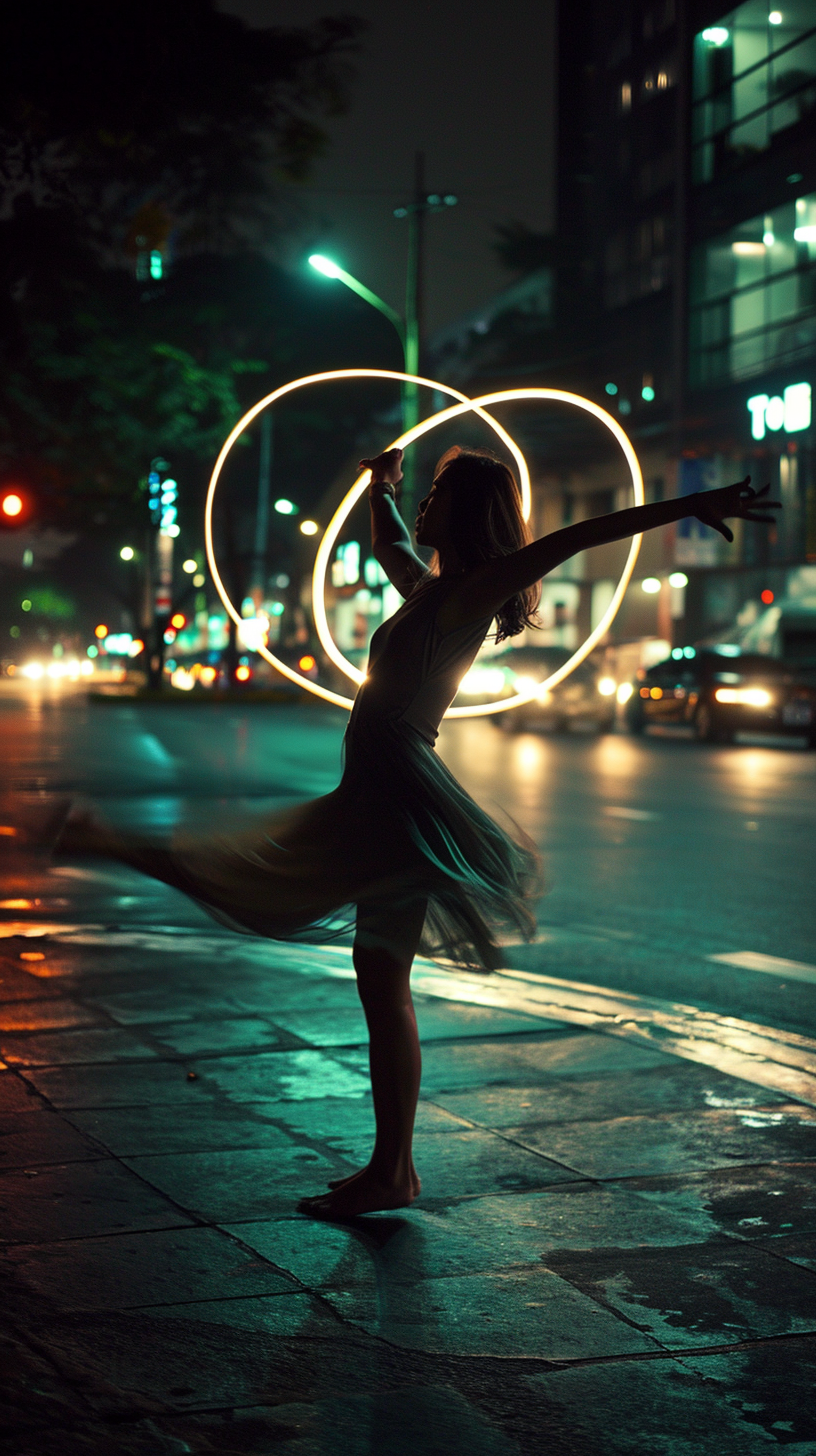 Jakarta street dancer spinning at night