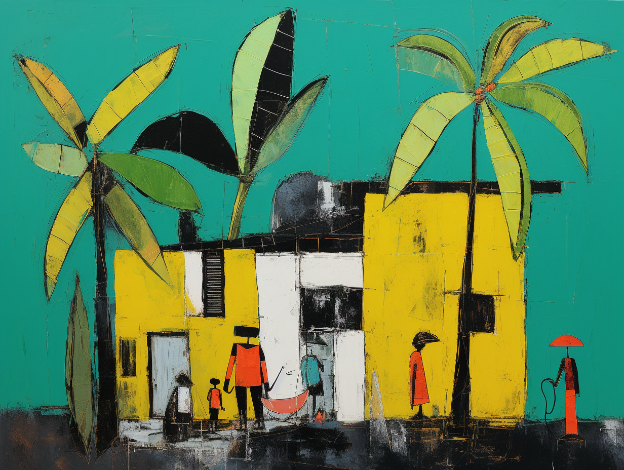 Colorful Jamaican Old House with Children Playing