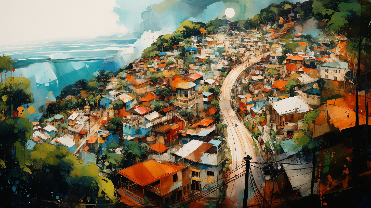 Abstract watercolor painting of Jamaican town