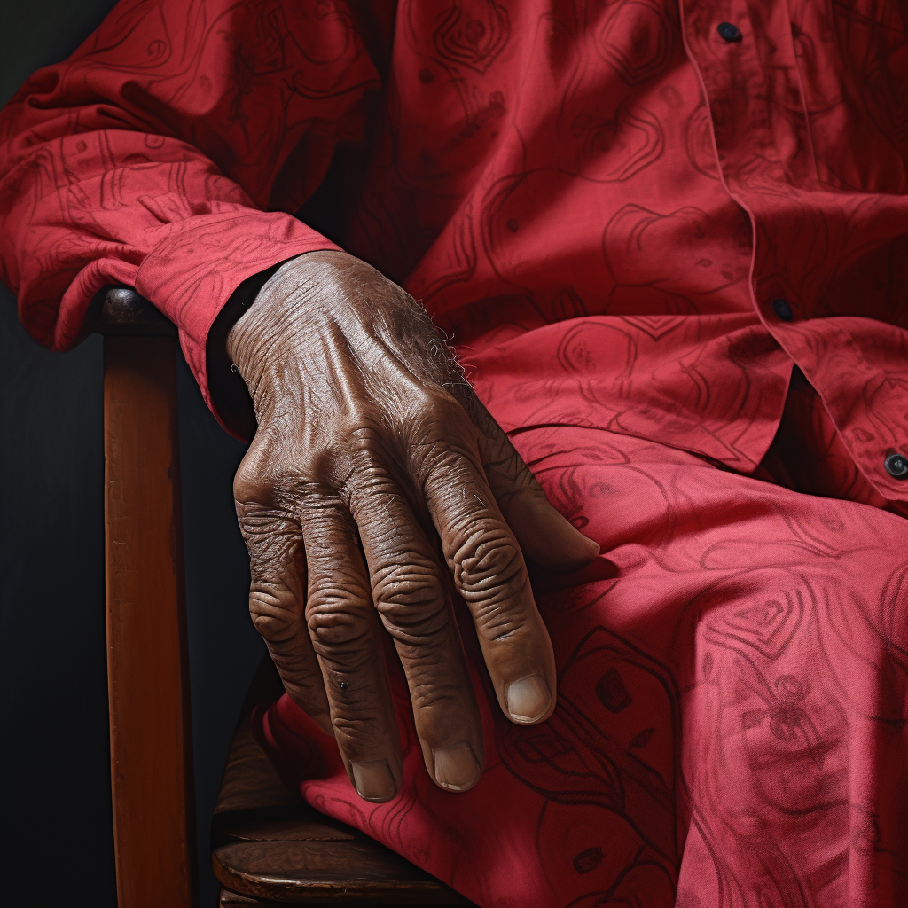 Old Jamaican man holding red fabric