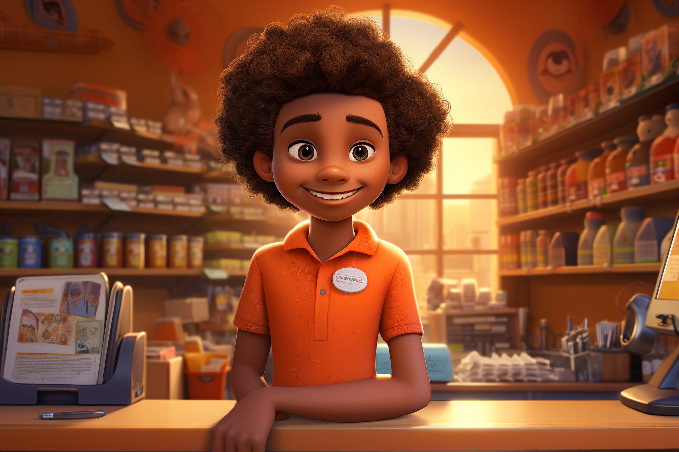 12-year-old African American boy serving behind store counter