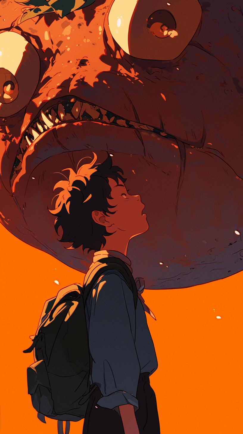 Anime art of James and a giant peach