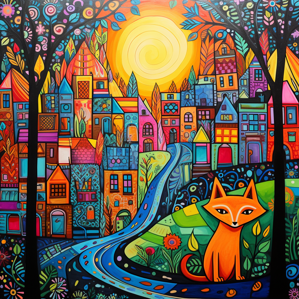 Vibrant fox in James Rizzi style