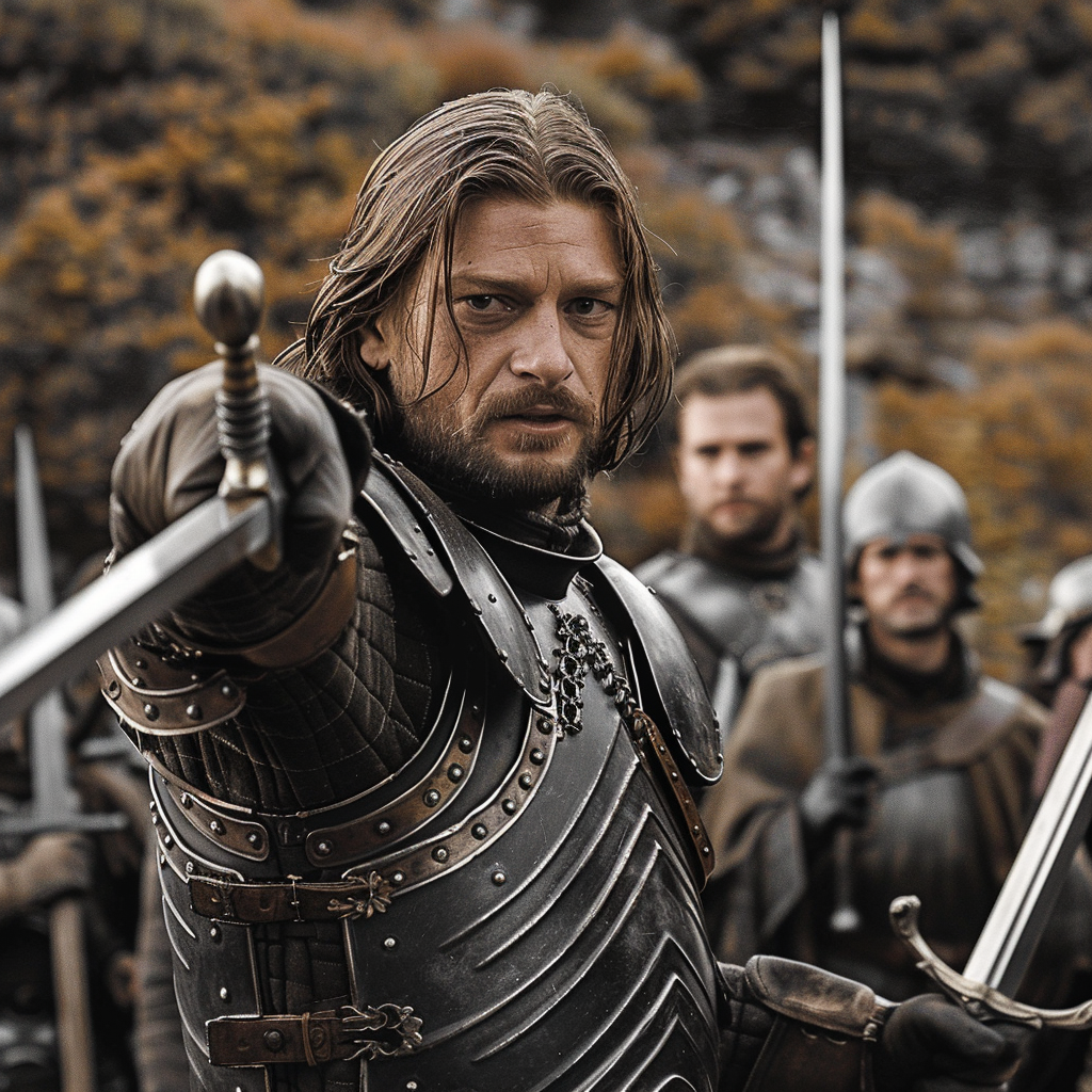 Jamie Lannister sword pointing Ned Stark