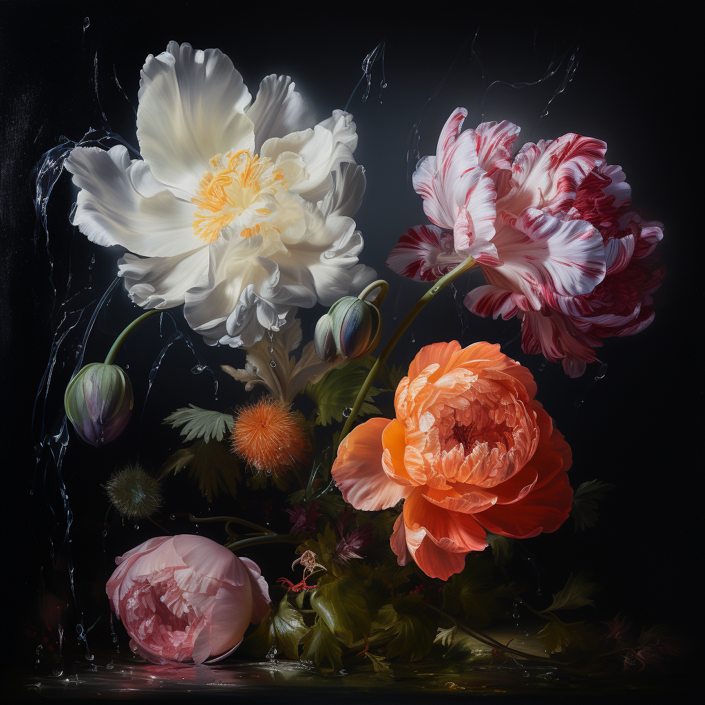 Two real Jan Van Huysum flowers emerging from black background