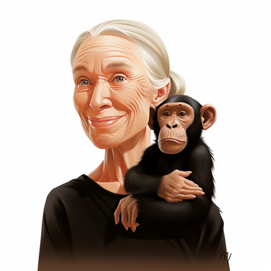 Smiling Jane Goodall with Chimpanzee