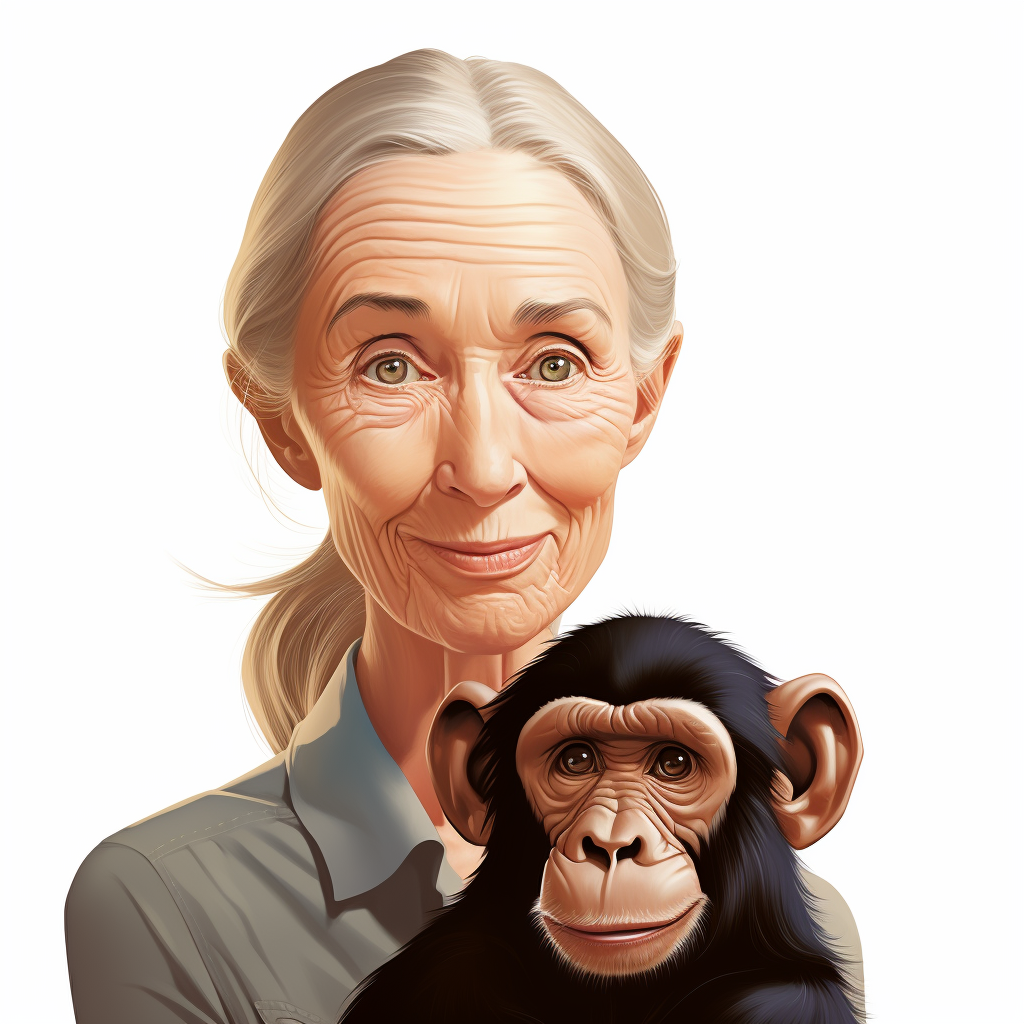 Smiling Jane Goodall with Chimpanzee on White Background