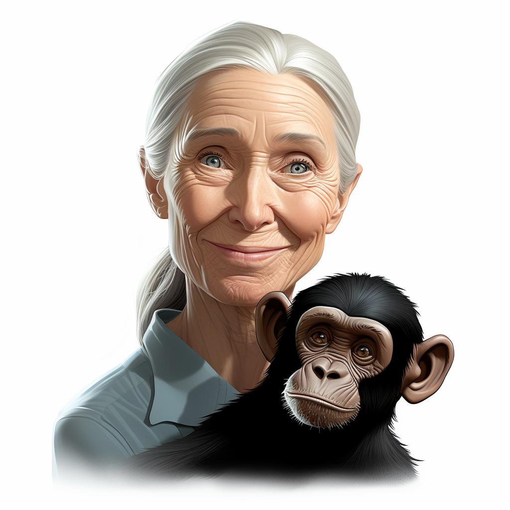 Jane Goodall and Chimpanzee smiling together