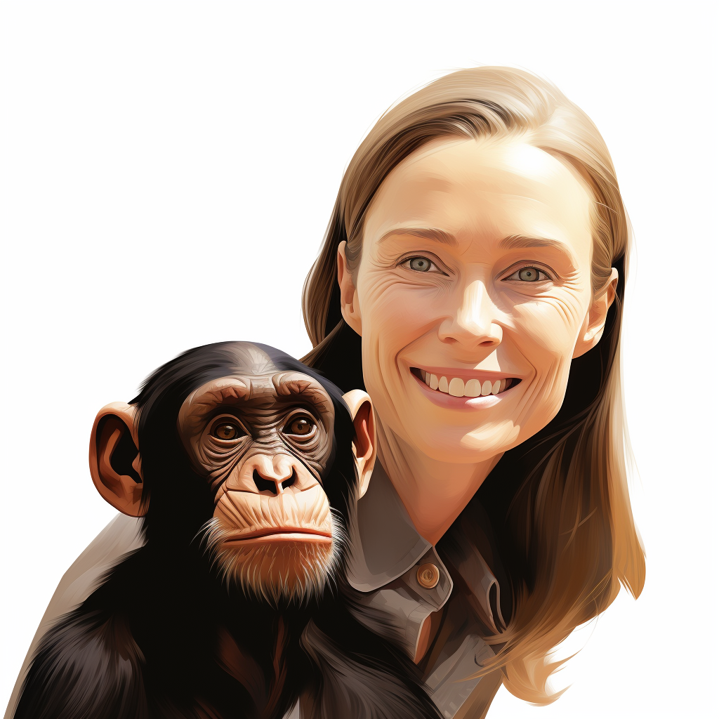 Jane Goodall smiling with chimpanzee