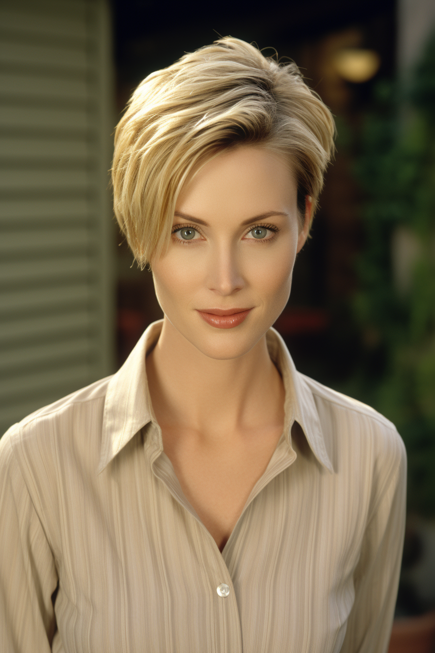 Jane Lynch with short hair in casual business attire