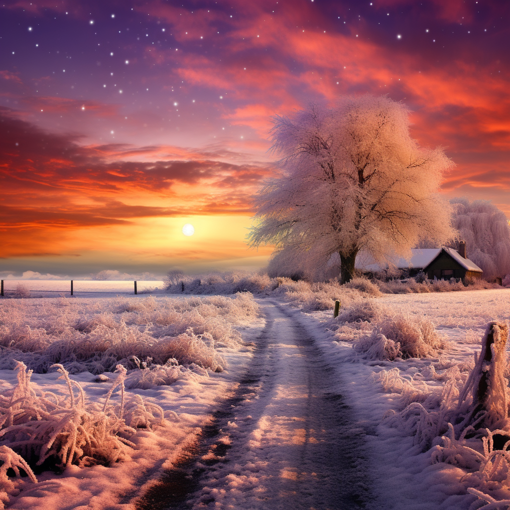 Winter scenery in England with snow and sunset