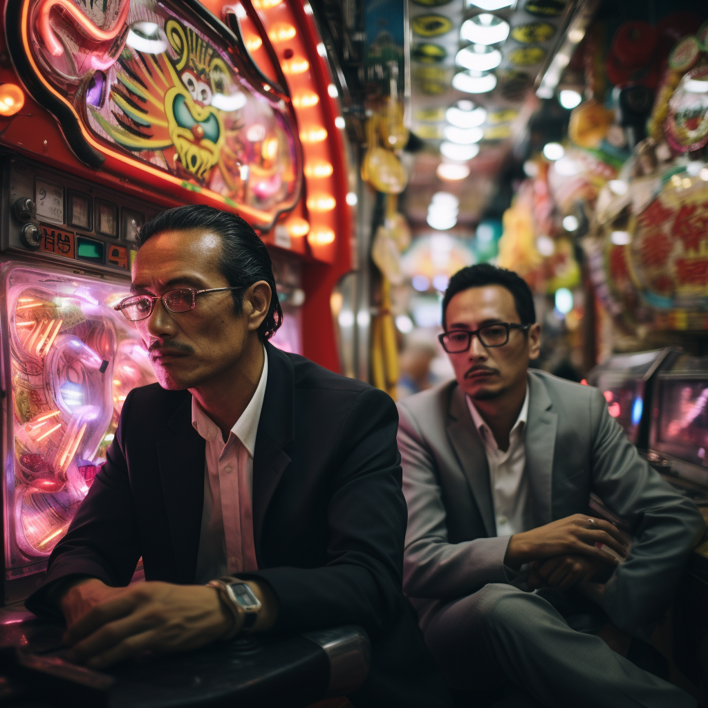 Two men playing pachinko in Japan