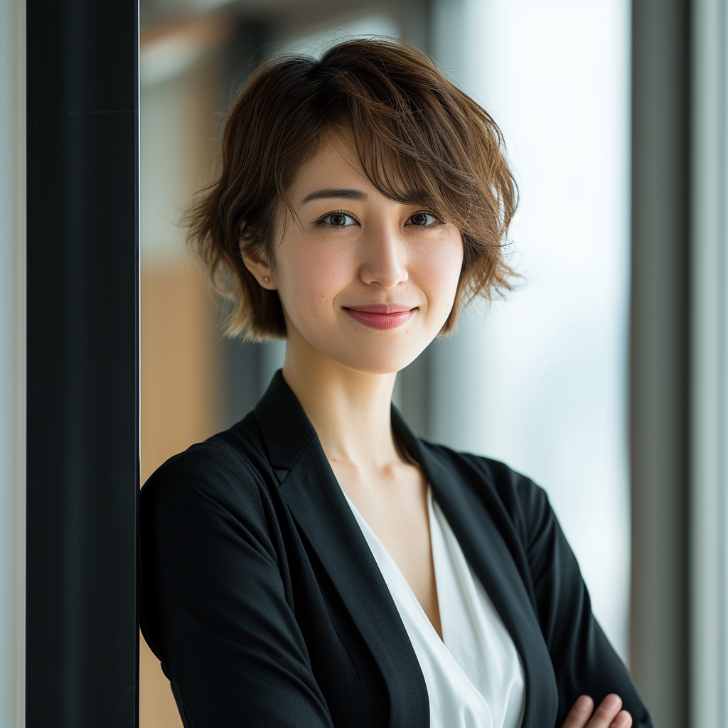 Japanese office worker smiling on luxury liner