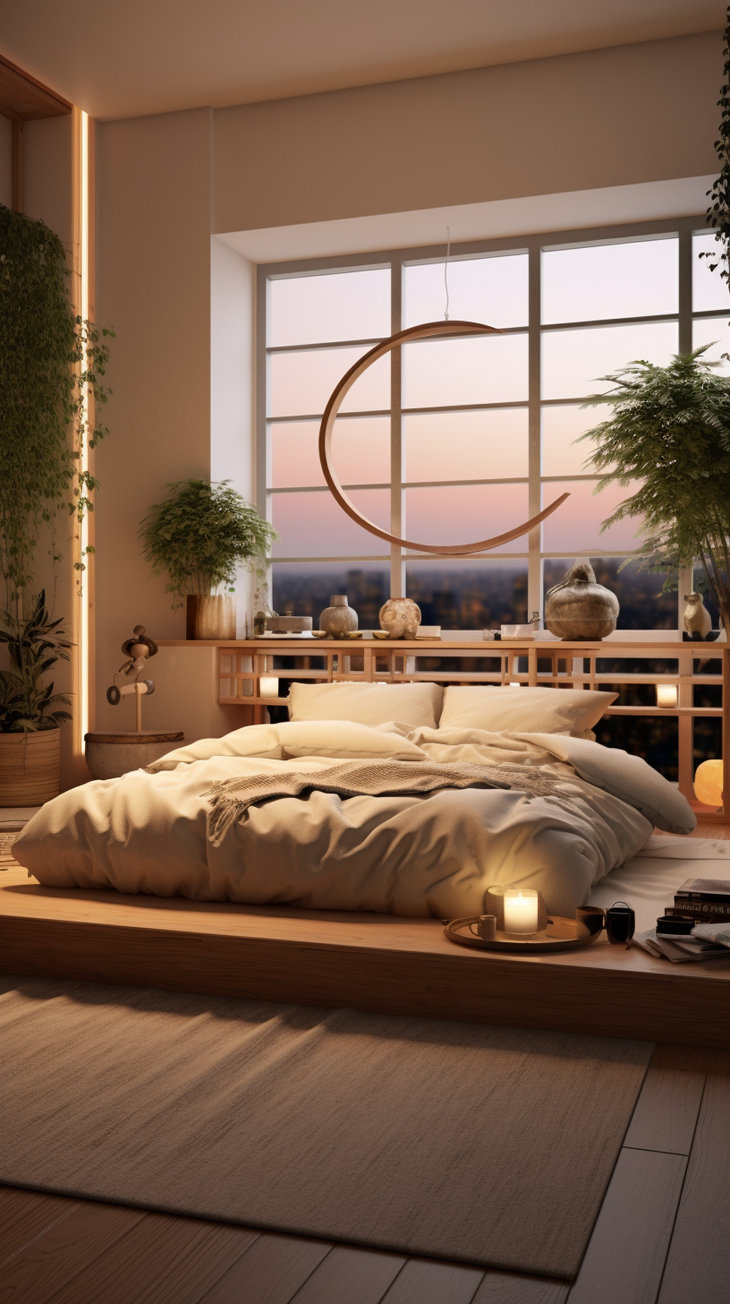 Minimalist Japandi bedroom with warm lighting