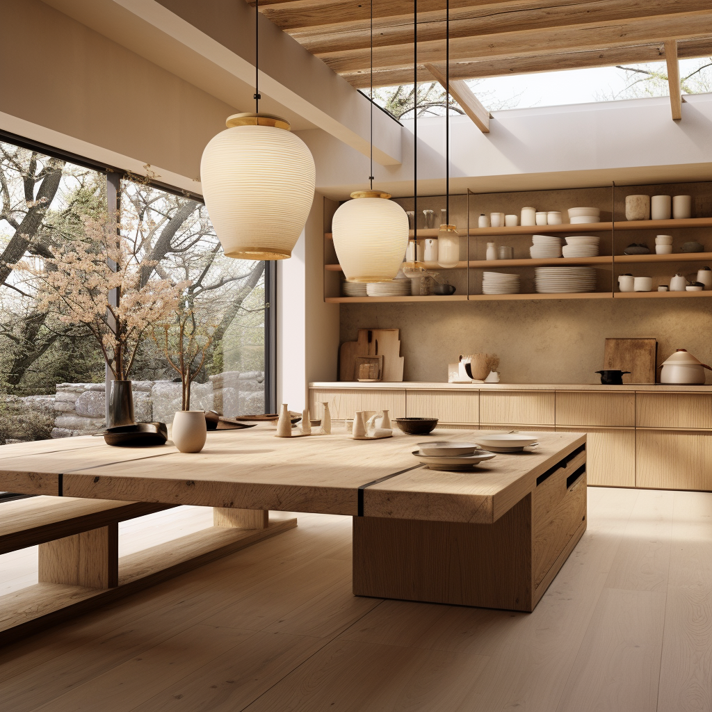 Stylish japandi kitchen island in bright room