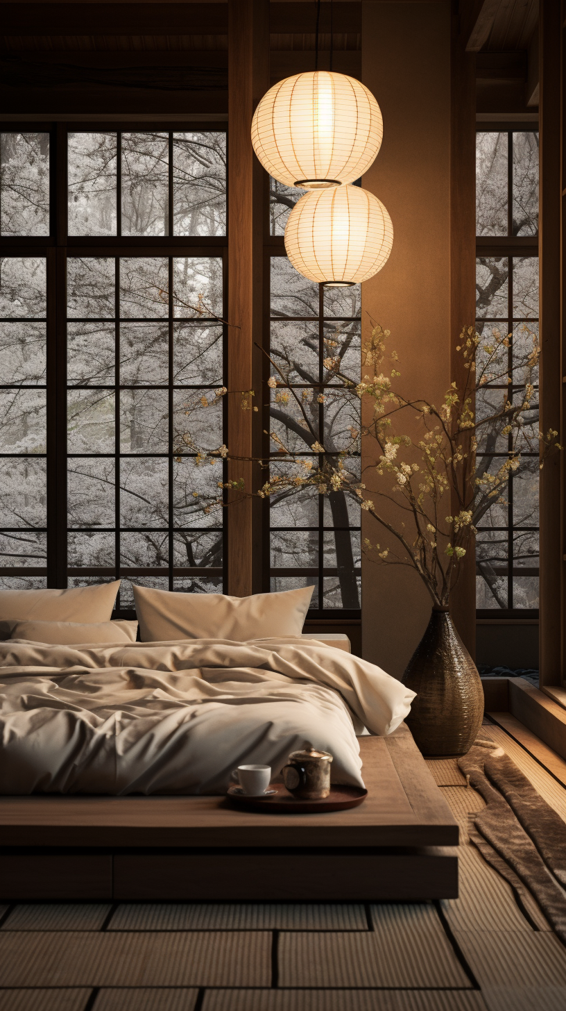 Japandi style bedroom with warm lighting