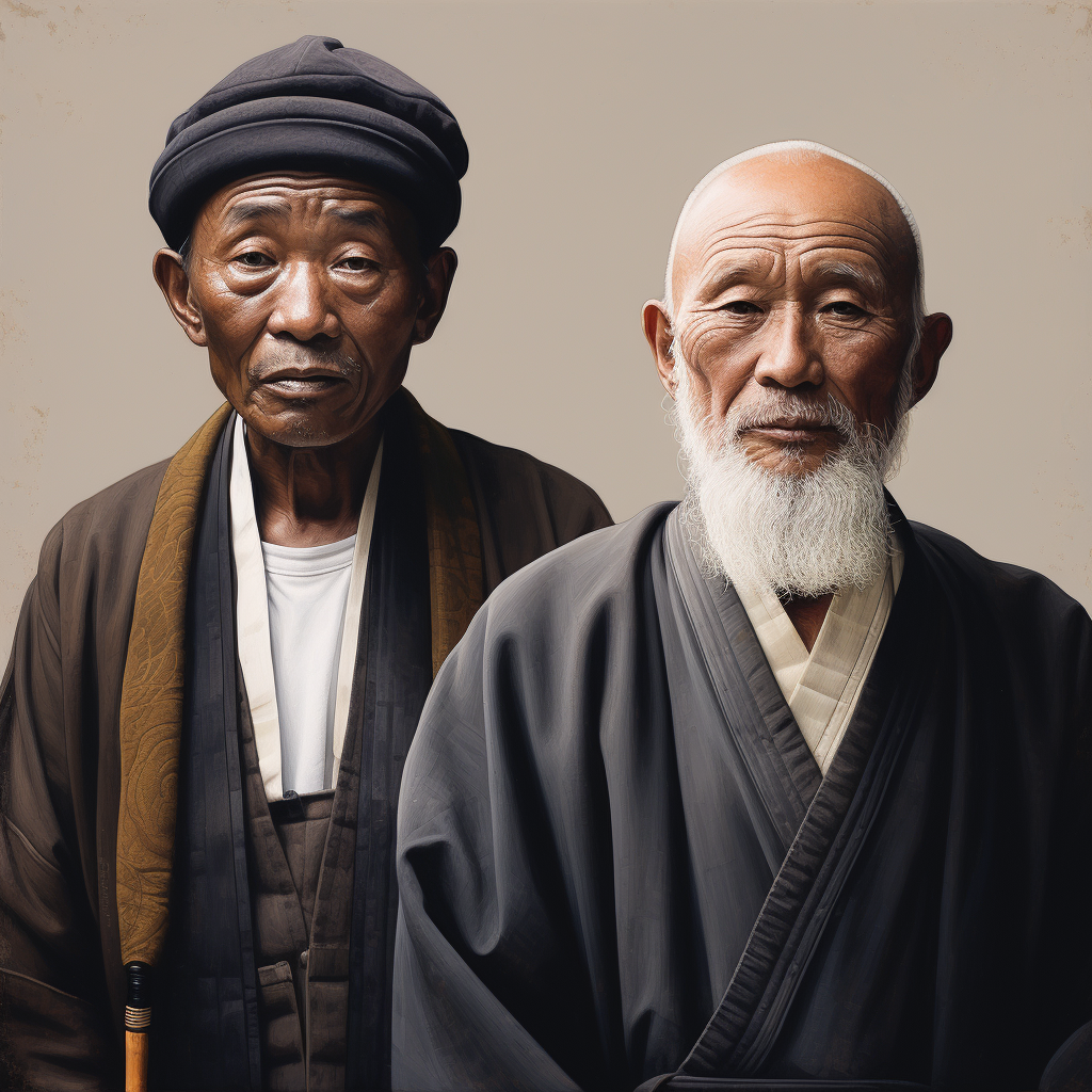 Elderly Japanese and African men embracing diversity