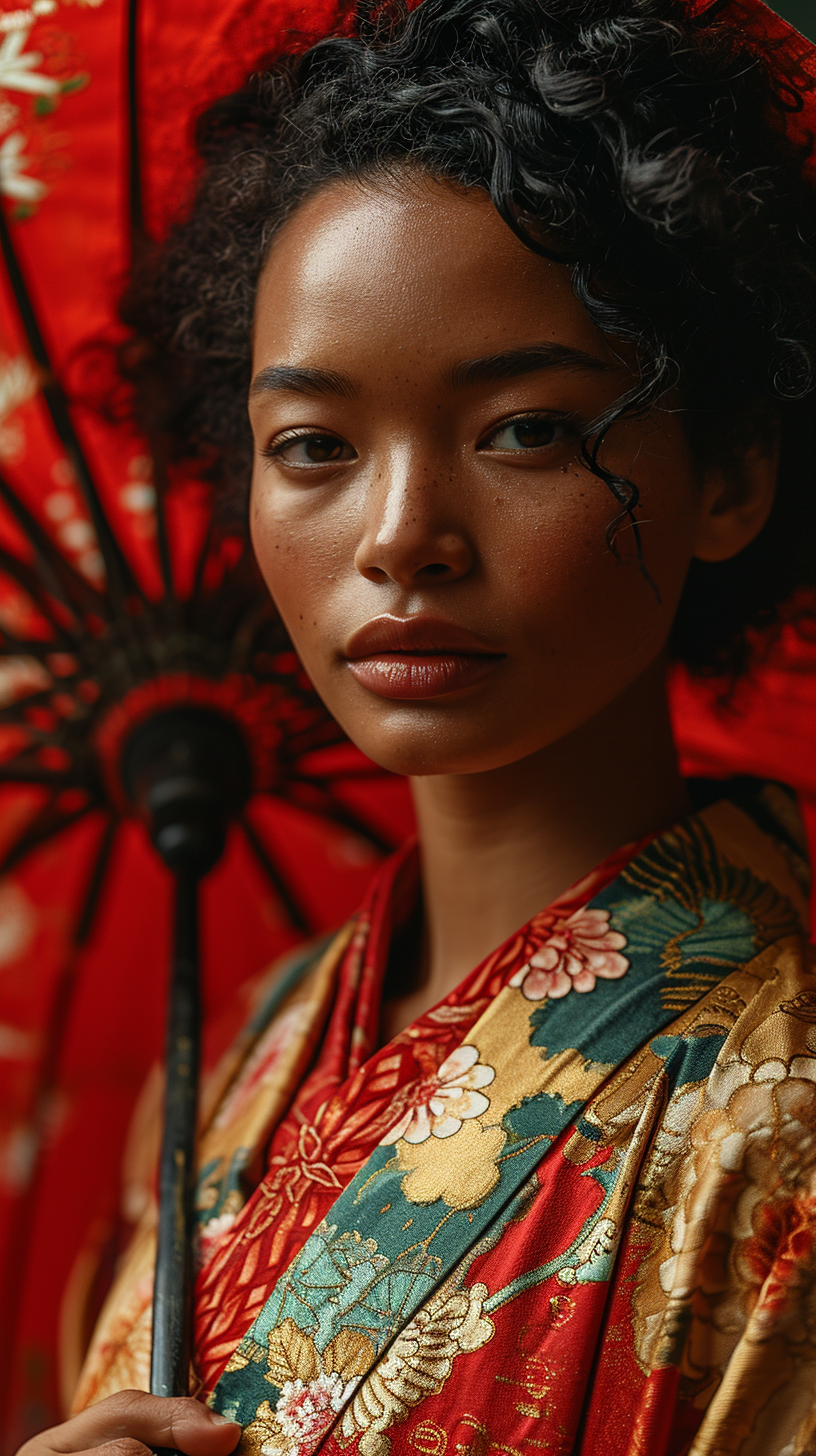 Young model with umbrella in front of red background