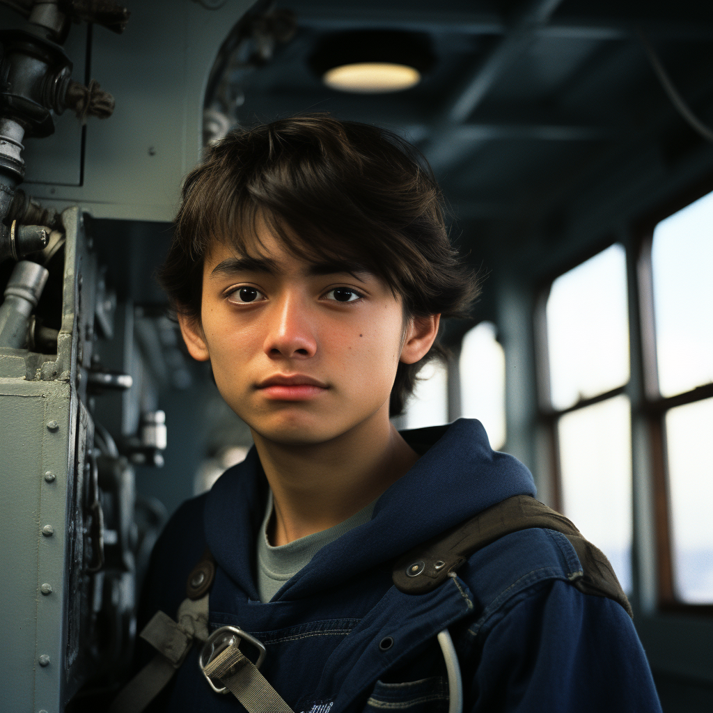 Japanese-American teen in military uniform on ship