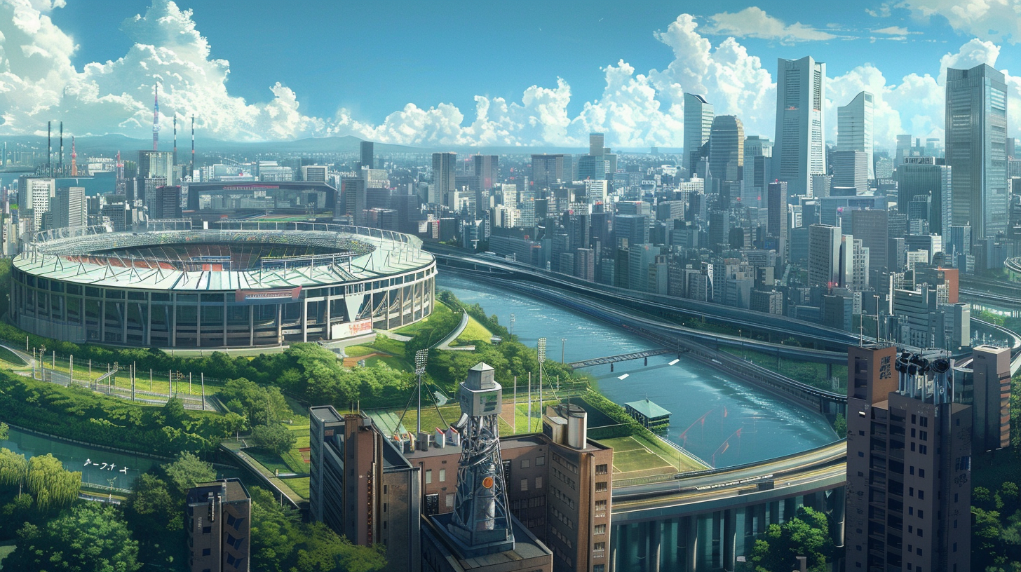 Japanese anime city stadium bird view