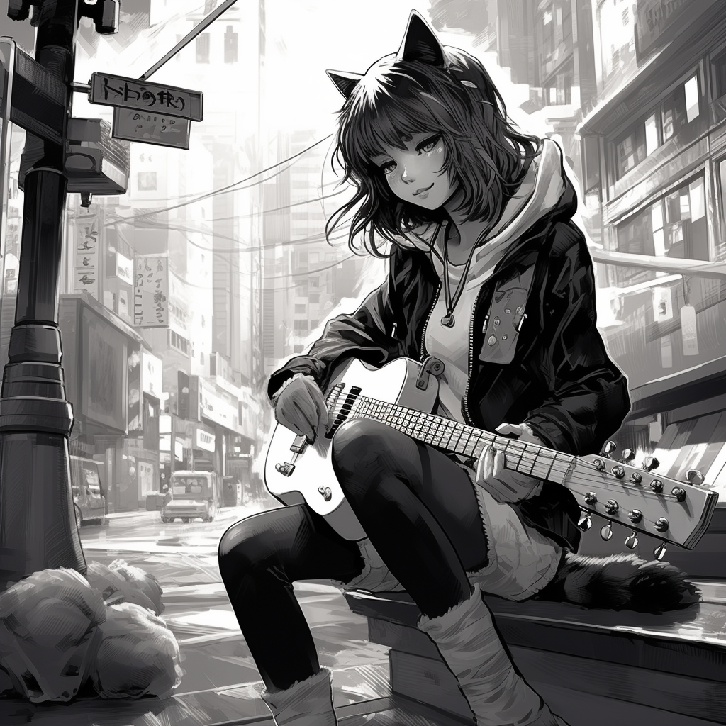 Anime girl playing guitar in Shibuya