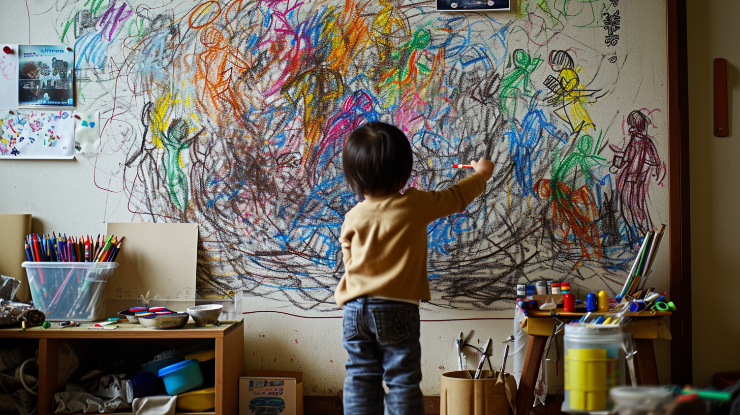 3-year-old child engrossed in drawing colorful salarymen