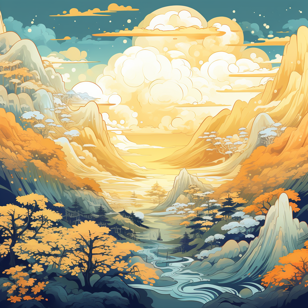 Vibrant Japanese Mountain Illustration with Artful Design (6 words)