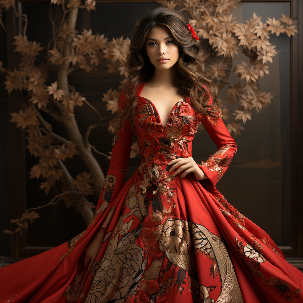 Japanese beauty in red dress with gold accents