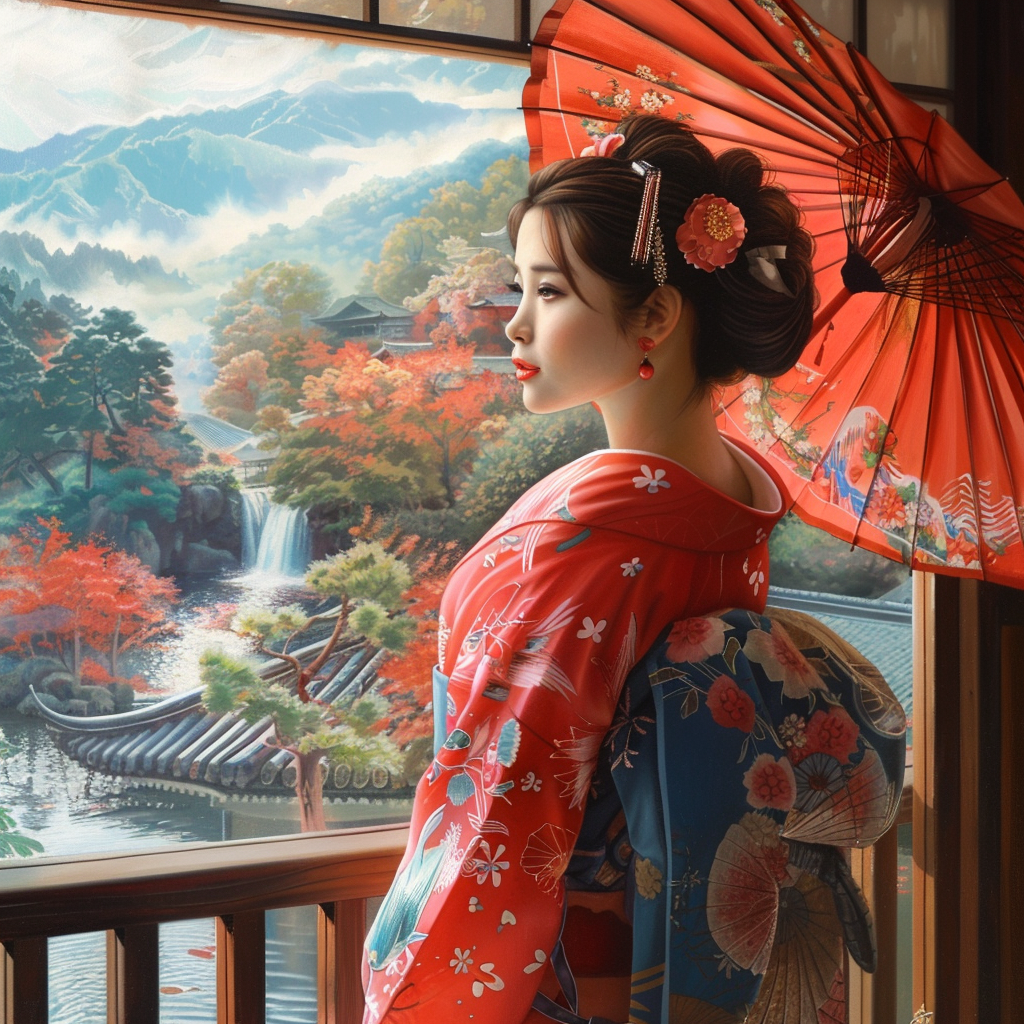 Japanese woman in serene landscape